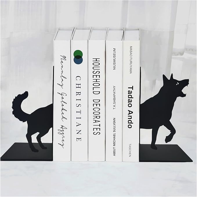 ENCIMART Wolf Book Ends Decorative for Shelves, Black Metal Bookend Supports for Heavy Books, Book Stoppers for Home Office Desktop Organizer for Men and Book Lovers Gift