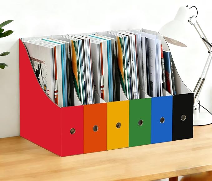 Limitliho Cardboard Magazine File Holder for Desk, Book Bins for Classroom Library,Office,Home, 10.6" H x 10.2" L x 3.5" W in Magazine Storage Bins(Six color, 24 Pack)