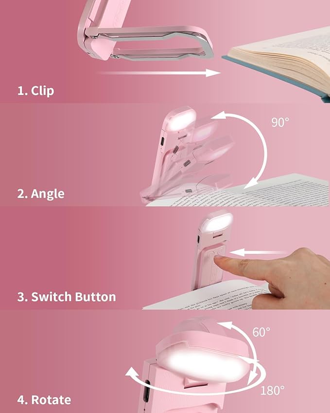 HEMONNKAM Book Reading Light, Rechargeable Clip on Booklight, Eye Caring 3 Color Temperatures & 5 Brightness Levels, Night Use for Bed, Long Lasting, Reading at Night in Bed, Pink