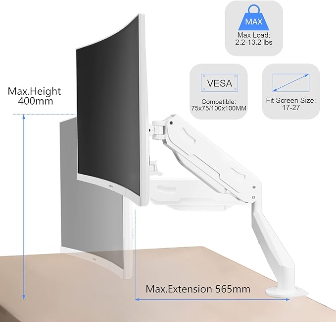 Pholiten Single Monitor Mount, Fully Adjustable Gas Spring Single Monitor Arm for up to 32 inch Screens, Computer Monitor Stand for Desk Holds up to 24lb, VESA 75/100mm, White