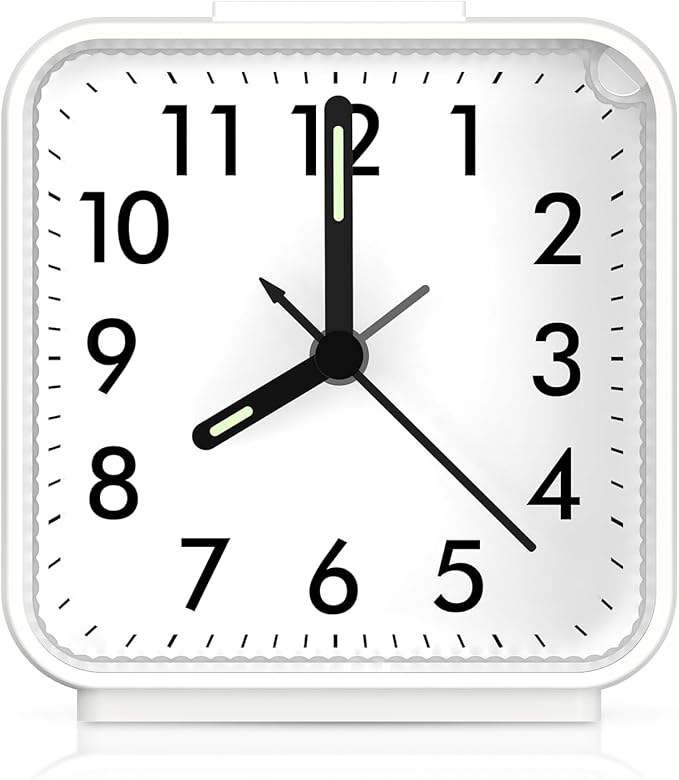 AMIR Analog Silent Non Ticking Small Clock, Travel with Snooze & Light, Ascending Beep Sounds, Battery Operated Loud Alarm Clock for Bedroom (White)