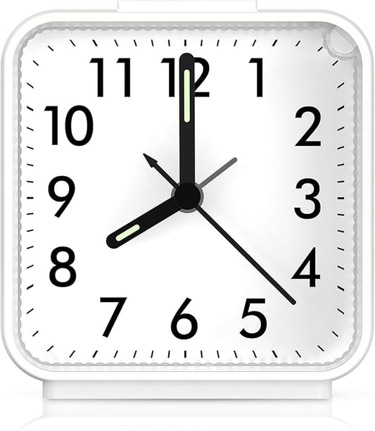 AMIR Analog Silent Non Ticking Small Clock, Travel with Snooze & Light, Ascending Beep Sounds, Battery Operated Loud Alarm Clock for Bedroom (White)