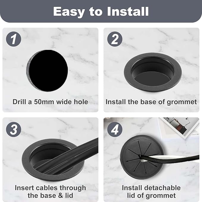 2 Pack 2 Inch Flexible Desk Grommet, ABS Cable Hole Cover for Home Office Table Wire & Cord Management- Black