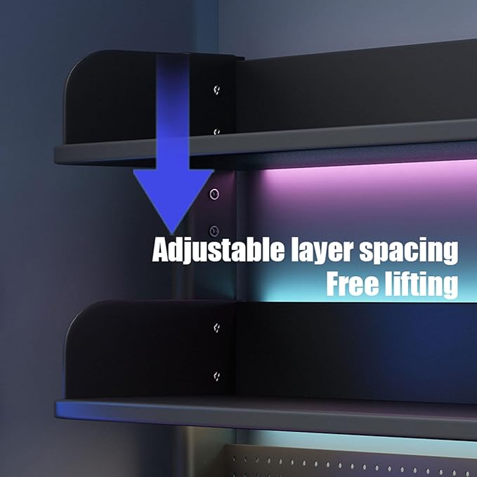 Clamp-on Desktop Shelving Unit with Adjustable Metal Storage Tray Clip On Shelving Unit for Desktop Accessories, Clamp-on Desk Shelf with Perforated Board and Hooks (2 Layers-h 63cm-L60cm)