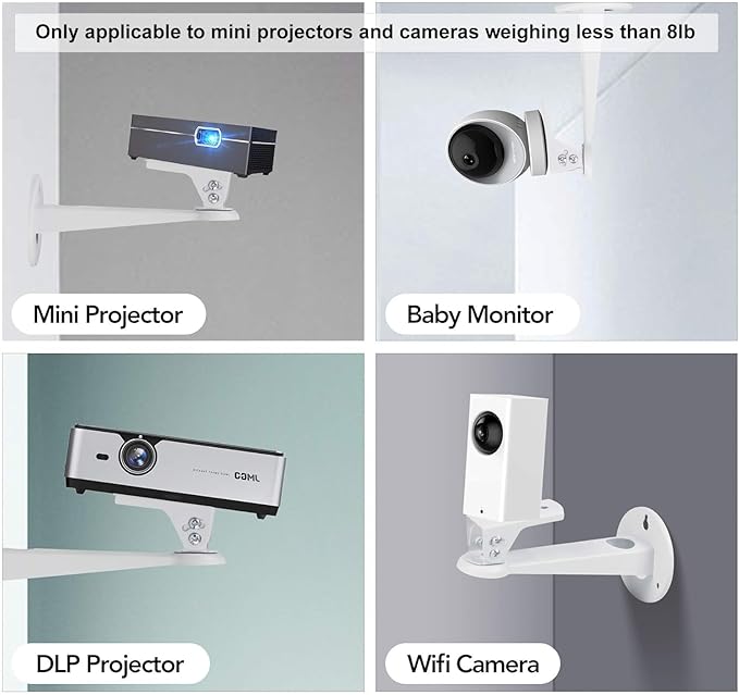 Drsn Mini Projector Wall Mount Bracket, Universal 360° Rotation, 7.8in Adjustable Arm, for CCTV Security Camera, Webcam, Small Projector (White, 8 lbs)