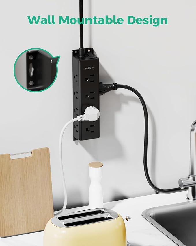 Surge Protector Power Strip - Widely Spaced Multi Outlets, Wall Mount, 3 Side Outlet Extender with Extension Cord, Flat Plug, Overload Protection, Home Office Dorm Room Essentials (5FT, Black)