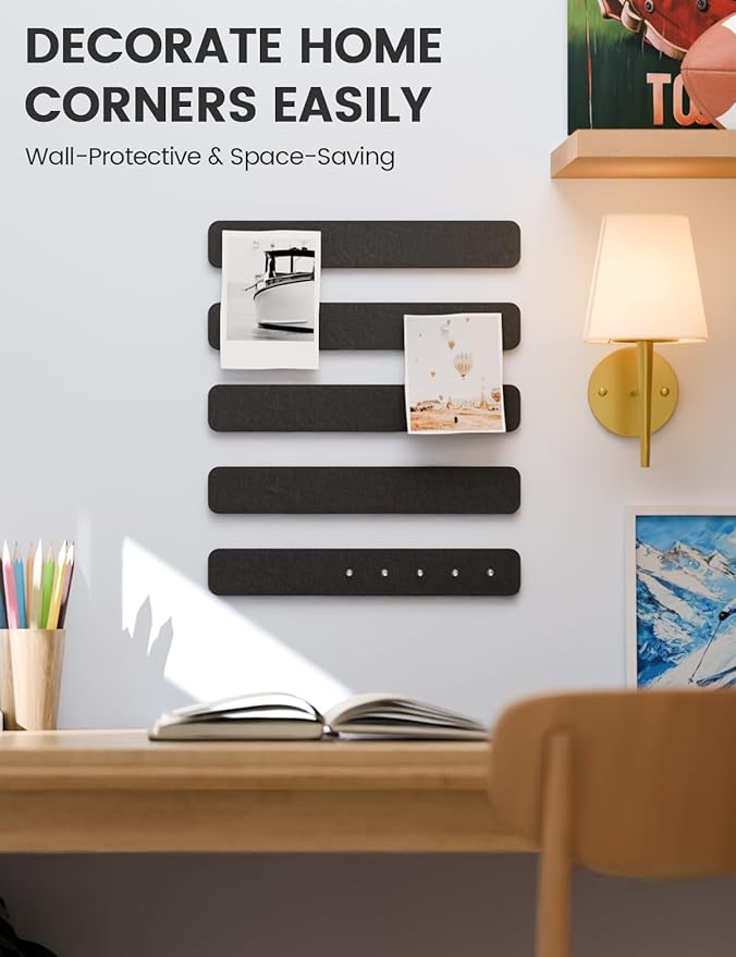 Fluxynara Cork Board Alternative Felt Strip Board 8-Pack 13"x2", Office Pin Board with 50 Push Pins, Adhesive Install for Bedroom Door & Home Office(Black)