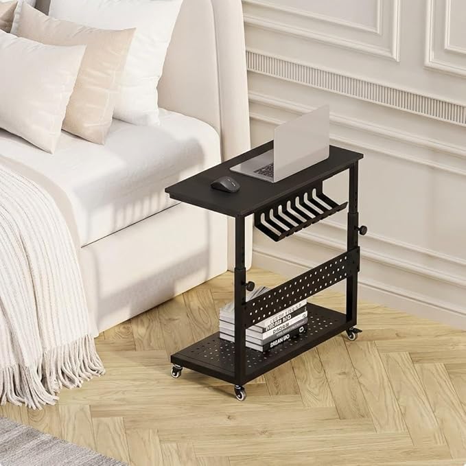 2-Tier Rolling Computer Tower Stand with Cable Management Rack, Height Adjustable CPU Holder Cart with Hooks for Gaming Home Office, PC Stand Fits Under Desk,Carbon Fiber Black