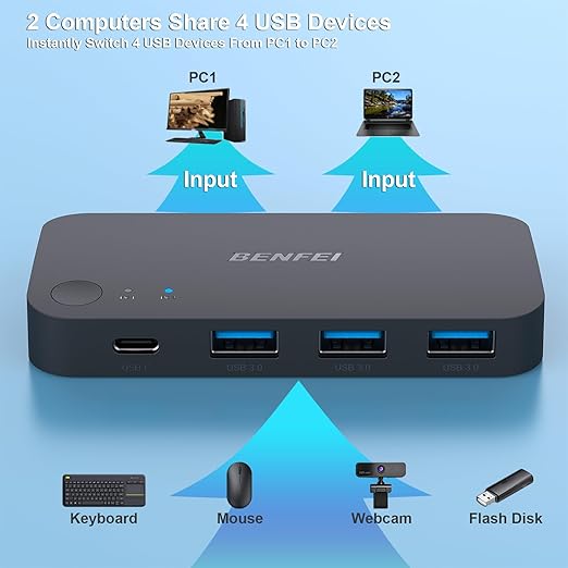 BENFEI USB 3.0 Switch, USB Switcher 2 Computers Share 3*USB 3.0 and 1*USB C with Remote Control for PC Mouse Keyboard Printer Scanner, USB KVM Switch Selector Compatible with Windows, Mac, Linux