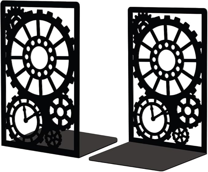 Peacoblue Metal Bookends for Shelves, Modern Decorative Heavy Duty Study Book Support Stoppers for Office, Desk, Shelf, Room 5.3"x4.3"x7.9" Cast Iron Simple Tall Bookends, 1 Pair (Steampunk Gear)
