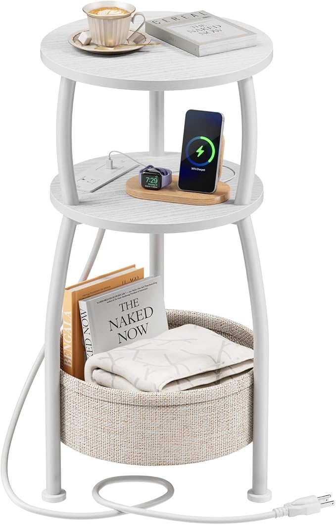Round Side Table, 3-Tier End Table with Power Outlets, Small Table with Storage Basket, Coffee Table Sofa Side Table for Small Spaces, Nightstand for Living Room Bedroom, 11.81in, Matte White