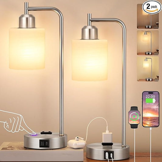 Innqoo Industrial Nickel Table Lamps for Bedrooms Set of 2-3-Way Dimmable Desk Lamp with USB C+A Ports and Outlet, Sliver Lamps with Striped White Glass Shade for Living Room