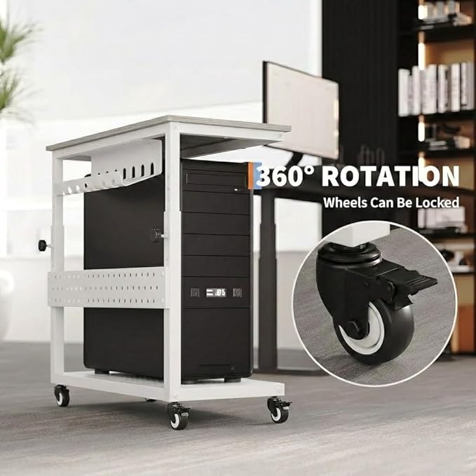 2-Tier Rolling Computer Tower Stand with Cable Management Rack, Height Adjustable CPU Holder Cart with Hooks for Gaming Home Office, PC Stand Fits Under Desk, White