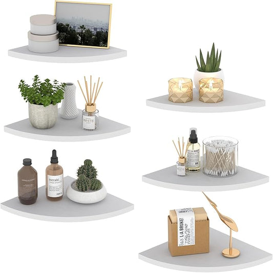 HORLIMER Floating Corner Shelf Wall Mount, Set of 6 Rustic Wood Corner Wall Shelves for Bedroom, Living Room, Bathroom, Kitchen (White)