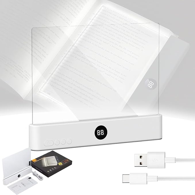 Smart Led Reading Light, Book Light Treasure Box, Rechargeable Clear LED Flat Reading Light with 3 Colors & Timer, Doodle Table Study Lamp, The Quiet Reader's Dream Lights (White)