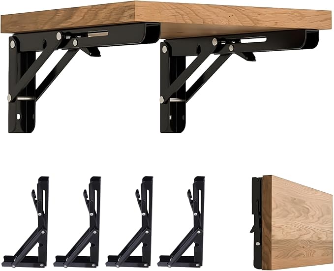 Folding Shelf Brackets 14 Inch - 4PCS Heavy Duty Metal Bracket Shelf, Wall Mounted Collapsible Bracket for Space Saving Bench Table Outdoor Smoker, Max Load: 150 lb