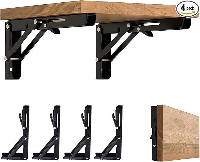Folding Shelf Brackets 16 Inch - 4PCS Heavy Duty Metal Bracket Shelf, Wall Mounted Collapsible Bracket for Space Saving Bench Table Outdoor Smoker, Max Load: 150 lb