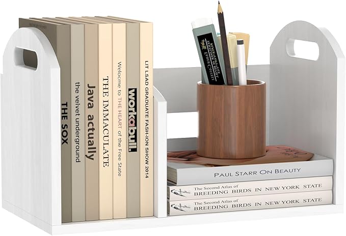 Wood Desktop Bookshelf, Upright Tabletop Book Shelf With Adjustable Divider Secure Books in Place, Desk Shelf for Top of Desk in Living Room Home Office, Perfect for Books Magazine File (White)