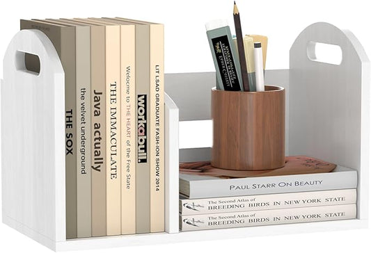 Wood Desktop Bookshelf, Upright Tabletop Book Shelf With Adjustable Divider Secure Books in Place, Desk Shelf for Top of Desk in Living Room Home Office, Perfect for Books Magazine File (White)