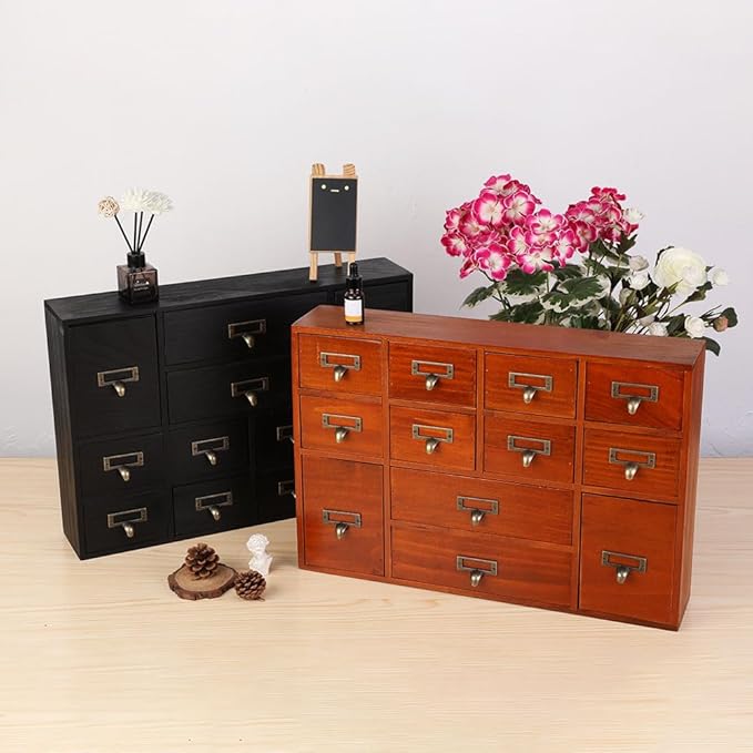 12 Drawers Apothecary Cabinet with Drawers Tabletop Apothecary Drawers Library Card Catalog Cabinet Medicine Cabinets Wood Desk Organizer Wooden Storage Box (Brown)