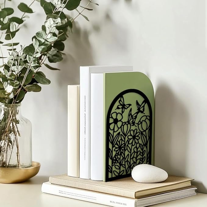 Peacoblue Metal Bookends for Shelves, Modern Decorative Heavy Duty Study Book Support Stoppers for Office, Desk, Shelf, Room 5.3"x4.3"x7.9" Cast Iron Bookends, 1 Pair (Wildflowers and Butterflies)