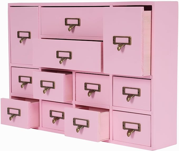 Vintage Desktop Apothecary Cabinet with 12 Drawers,Wood Desktop Organizers Stackable Drawers Desktop Chest Drawer for Herb Storage,Tea Collection,Stationery (12 Drawers,Pink)
