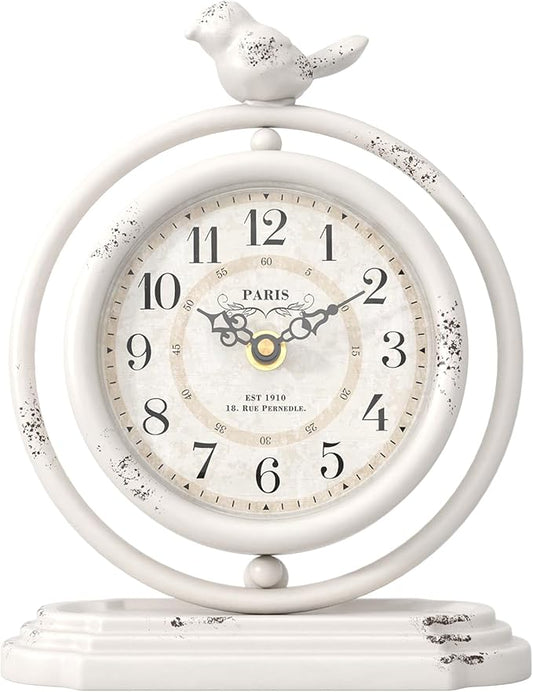 White Vintage Table Clock with Bird, European Retro Style Mantel Clocks, Desk and Shelf Decor Clock, for Living Room, Farmhouse, Bedside, Bedroom, Gift (7.9" H x 6.3" W)