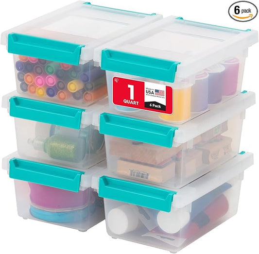 IRIS USA 1 Qt. Craft Storage Bins with Lids, 6-Pack, |Made in USA|, Clip Box, Small Plastic Sensory Bin Tote Organizer Containers for Art Supplies, Paper, & Office, Stackable - Clear/Seafoam Blue