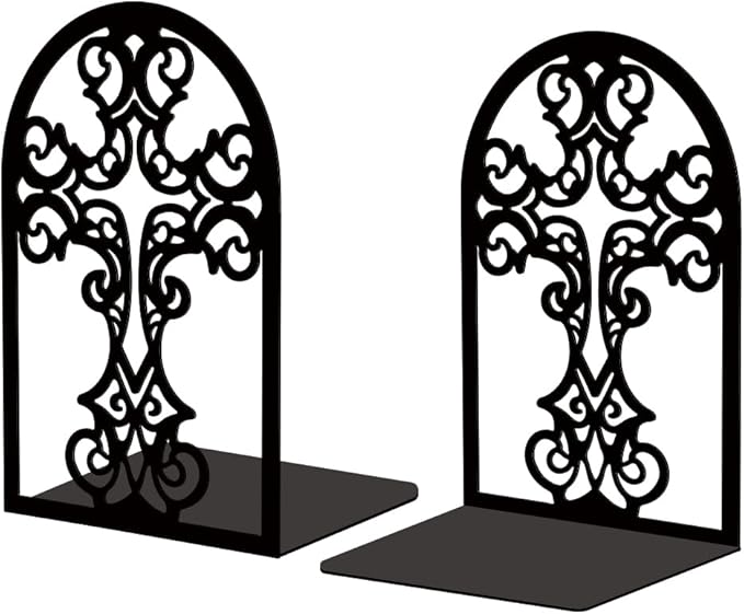 Peacoblue Metal Bookends for Shelves, Modern Decorative Heavy Duty Study Book Support Stoppers for Office, Desk, Shelf, Room 5.3"x4.3"x6.7" Cast Iron Simple Tall Bookends, 1 Pair (Cross)