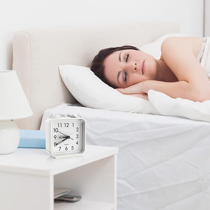 AMIR Analog Silent Non Ticking Small Clock, Travel with Snooze & Light, Ascending Beep Sounds, Battery Operated Loud Alarm Clock for Bedroom (White)