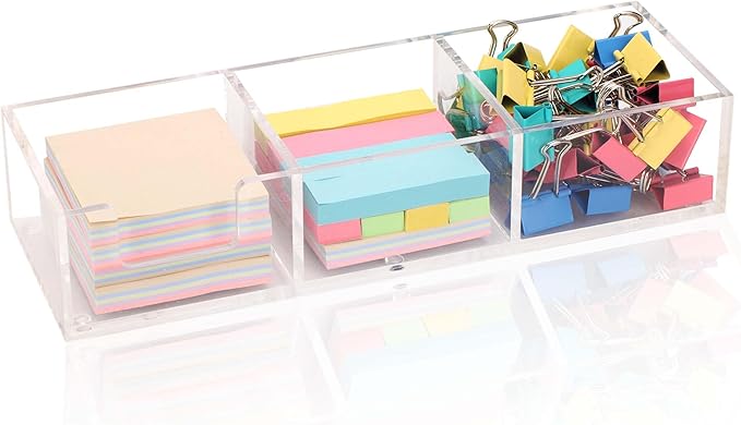 Acrylic 3in1 Sticky Note Holder Desk Organizer, 11.8" x 3.94" x 2.36" Self-Stick Memo Pad Dispenser for School Office Home Post Bank with 3 Compartments (DP003)