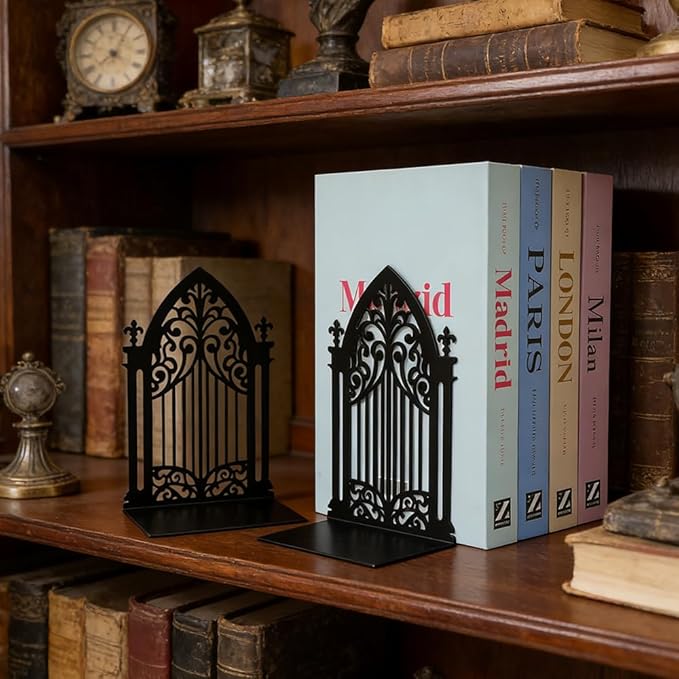 Book Ends, Bookends, Book Ends for Shelves, 2Pair Non Skid Metal Book Divider Decorative Holder, Abstract Art Desgin Book Stopper Supports for Office, Home (3 Pairs Gothic Bookends)