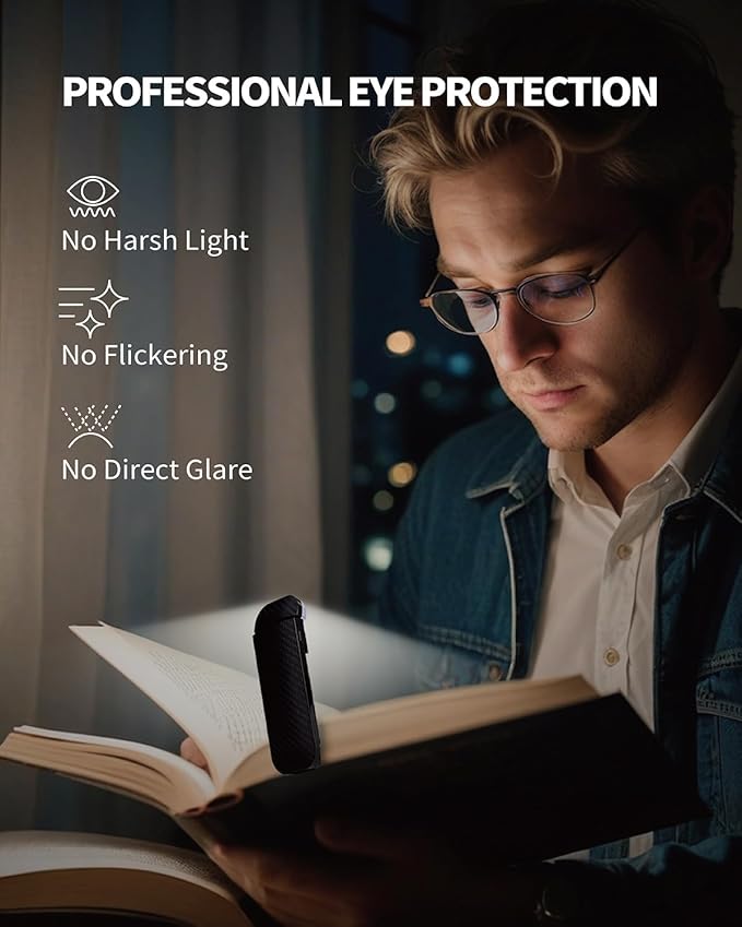 HEMONNKAM Book Reading Light, Rechargeable Clip on Booklight, Eye Caring 3 Color Temperatures & 5 Brightness Levels, Night Use for Bed, Long Lasting, Reading at Night in Bed, Mystic Black