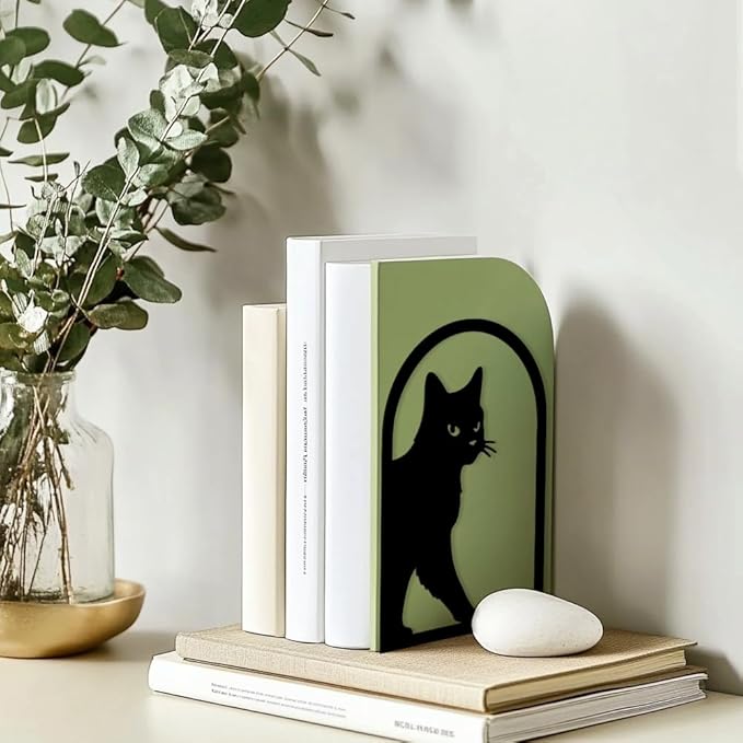 Peacoblue Metal Bookends for Shelves, Modern Decorative Heavy Duty Study Book Support Stoppers for Office, Desk, Shelf, Room 5.3"x4.3"x7.9" Cast Iron Simple Tall Bookends, 1 Pair (Cute Cat)