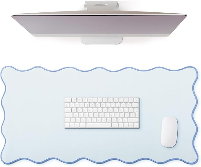 Hahafelt Scalloped Desk Mat Large Scalloped Piping Cute Desk Mat Aesthetic Preppy Table Pad Large Nonslip Pad with Edge Stitching Waterproof Gaming(Blue,23.6 x 13.8 Inches)