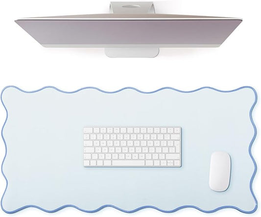 Hahafelt Scalloped Desk Mat Large Scalloped Piping Cute Desk Mat Aesthetic Preppy Table Pad Large Nonslip Pad with Edge Stitching Waterproof Gaming(Blue,23.6 x 13.8 Inches)