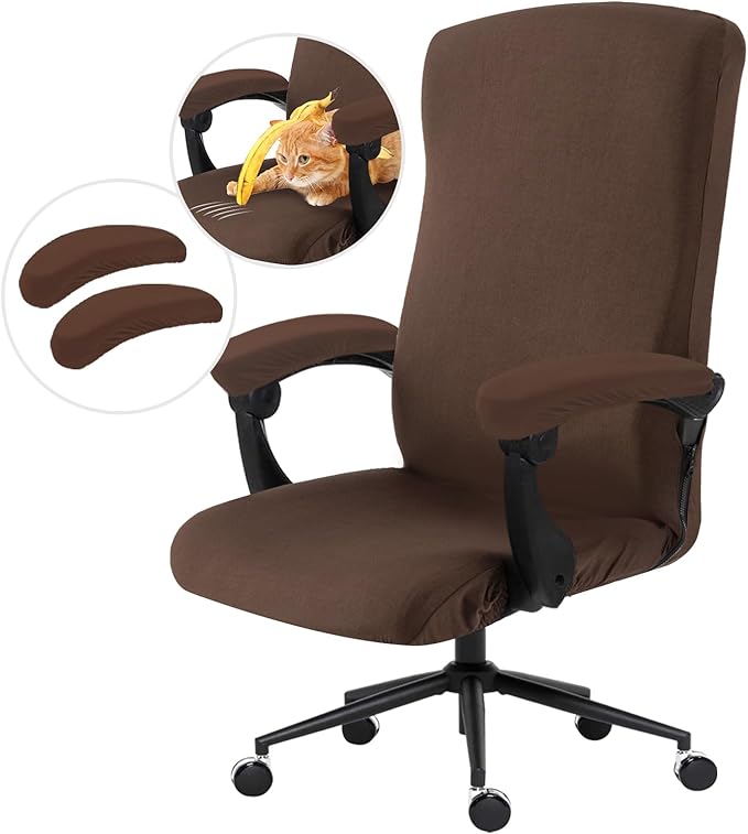 Stretch Computer Office Chair Cover with Armrest Covers Durable Zipper Universal Washable Removable Spandex Rotating Boss Chair Slipcovers Anti-dust Soft Desk Chair Seat Protector, Mocha