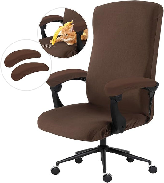 Stretch Computer Office Chair Cover with Armrest Covers Durable Zipper Universal Washable Removable Spandex Rotating Boss Chair Slipcovers Anti-dust Soft Desk Chair Seat Protector, Mocha