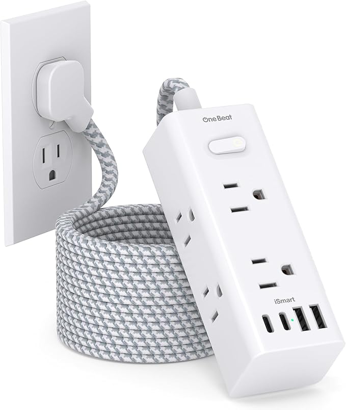 Flat Plug Extension Cord 20Ft, One Beat 900J Surge Protector Power Strip 20 Ft Cord with 6 Widely Outlets 4 USB Ports (2 USB C), Wall Outlet Extender Extension Cord for College Dorm Room Home Office