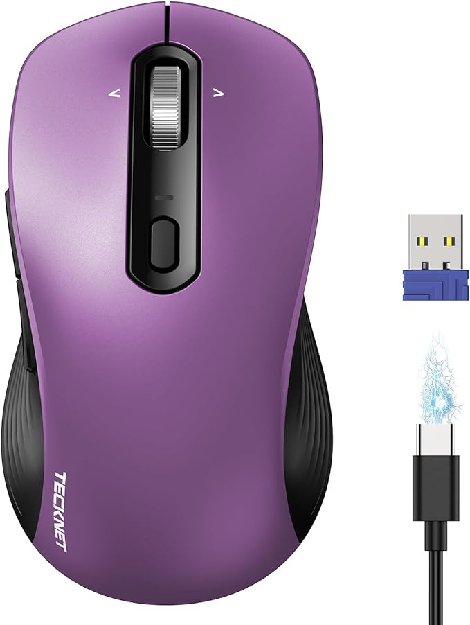 TECKNET Rechargeable Bluetooth Mouse, [ USB + BT5.0 + BT3.0 ] Wireless Mouse, Ergonomic 4-Way Scroll Wheel Computer Mice, 6-Level 4800 DPI Silent Mice, Multi-Device for Computer/Laptop/MacBook -Purple
