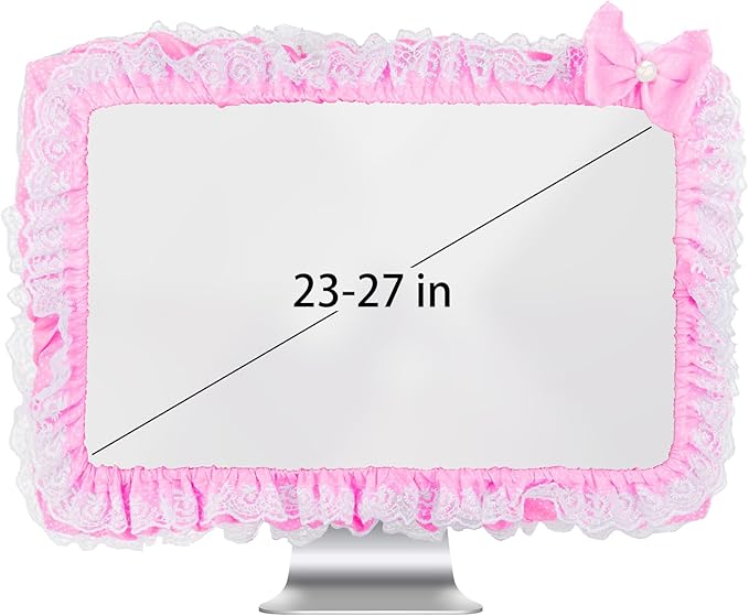 23"-27" Lovely Cute Computer Monitor Cover with Lovely Cute Elastic Pen Pocket Bow-knot TV LCD Screen Monitor Decoration Dust Cover Protector, Lace Fabric, Pink