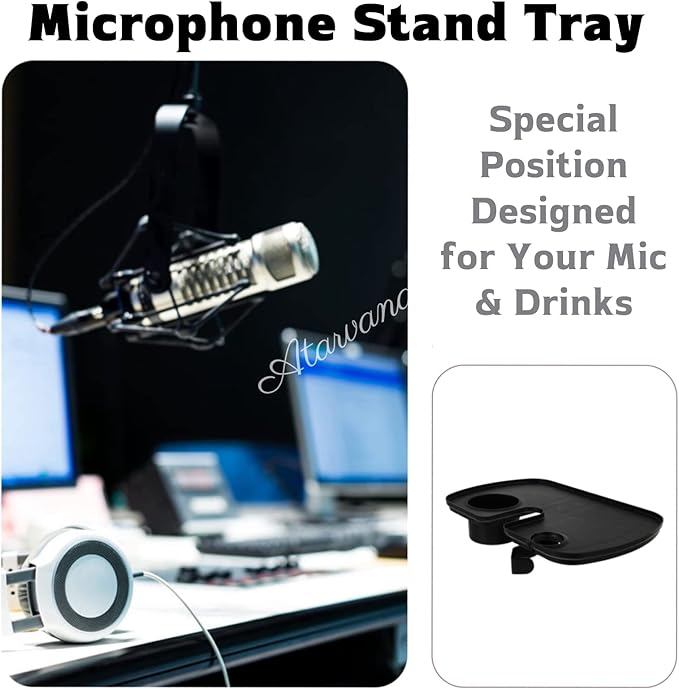 Universal Microphone Stand Tray with Drink Holder, Adjustable Mic Stand Clamp-On Utility Shelf Rack Tray Holder for Music Sheet, Live Streaming, Concert, Karaoke, Recording, Music Stand Accessories