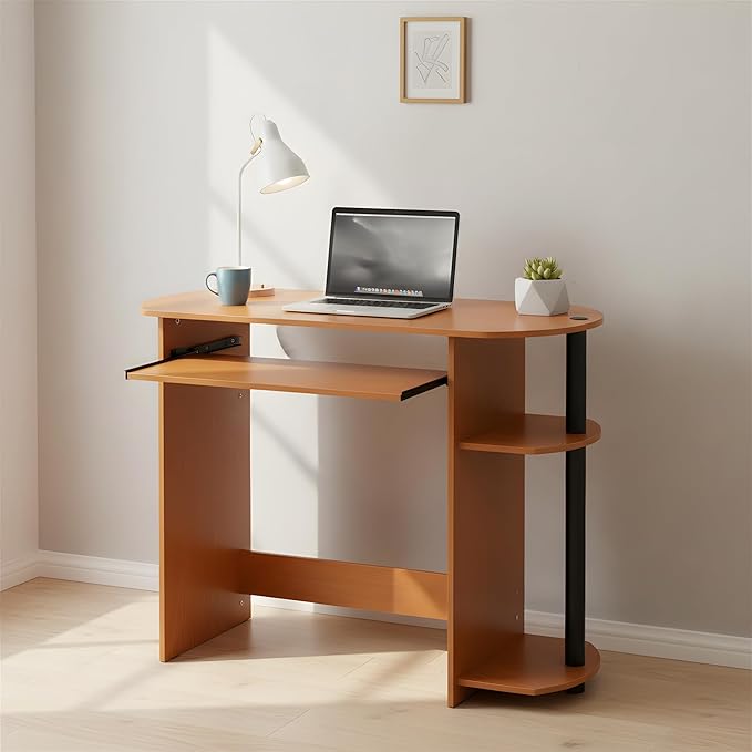 Furinno Simplistic Desk, 31.5 Wide Gaming Desk with Keyboard Tray, Computer Desk with Rounded Edges, Office Desk, for Home Office, Bedroom, Light Cherry Oak