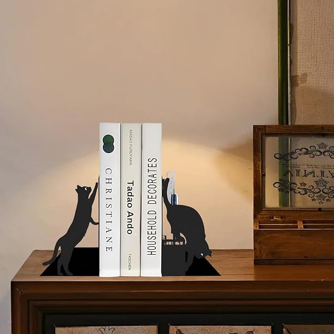 Cat Book Ends for Shelves, Metal Decorative Book Ends with Pen Holder, Fun Unique Bookends, Cool Black Cat Bookends for Home Office Desk Bookshelf Decor, Gift for Cat Lovers and Reading Enthusiasts