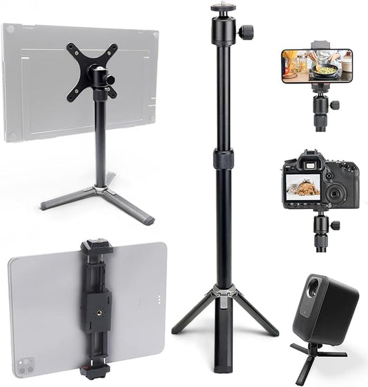 Kado Metal Portable Monitor Stand Tripod, 2-In-1 Phone/Tablet Clamp Portrait/Landscape, 100x100mm 75x75mm Wall/Arm Mount Adapater Bracket Plate, 360° Ball Head Compact for Projector, Camera and Webcam