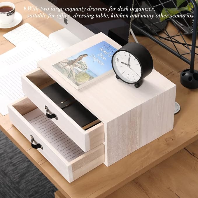 DDYURI Desk Organizer Drawers for Office Supplies Kitchen Storage - Wood Makeup Organizer Box/Countertop Drawers Chest for Dresser Wooden Cabinet Printer Stand Machine Shelf White (FAX2C-WH）
