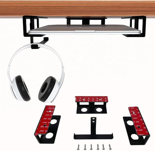IFCASE Under Desk Laptop Mount & Headphone Holder with Adhesive & Screw, Hard Aluminum Under Table Desk Holder for Laptop, Mac mini, MacBook Pro (Black)