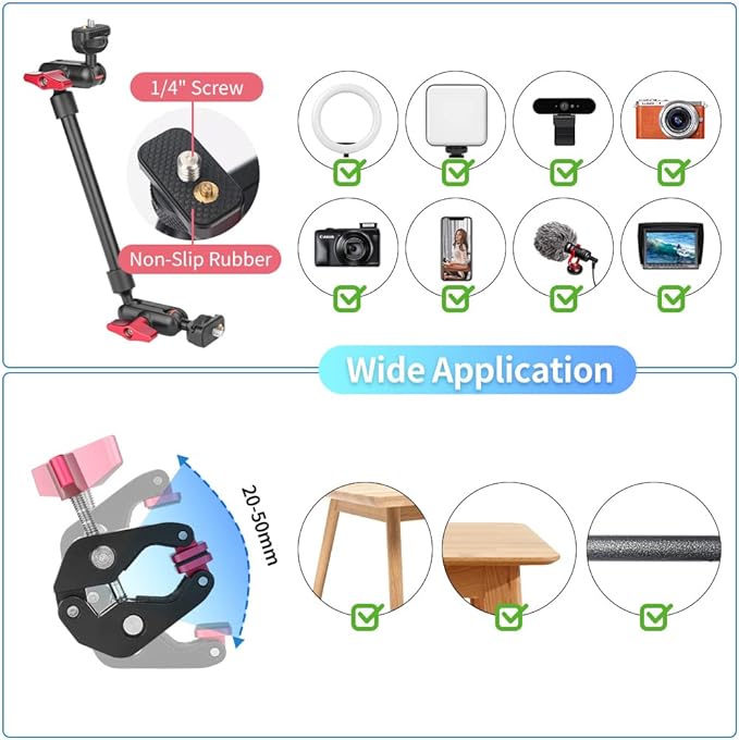 13"/34cm Magic Arm w Clamp, Camera Mount & Clamp w 1/4" 3/8" Threads and Articulating Friction Magic Arm, Overhead Phone Mount, Camera Boom Arm Mount for Light Webcam Mic Action Camera Monitor