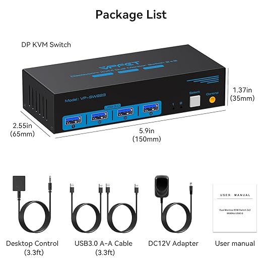 8K@60Hz Displayport KVM Switch 2 Monitors 2 Computers Display Port 4K@120Hz USB3.0 Dual Monitor KVM Switches for 2 PC Share 2 Screens and 1 Set of Keyboard Mouse Printer and U Disk with 2 USB Cables