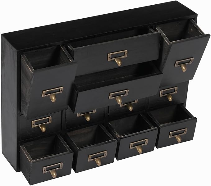 Vintage Desktop Apothecary Cabinet with 12 Drawers,Wood Desktop Organizers Stackable Drawers Desktop Chest Drawer for Herb Storage,Tea Collection,Stationery (12 Drawers,Black)